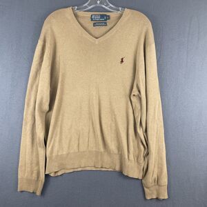 Men's POLO Ralph Lauren V-neck Camel Pima Cotton Sweater Sz L Preppy Academic